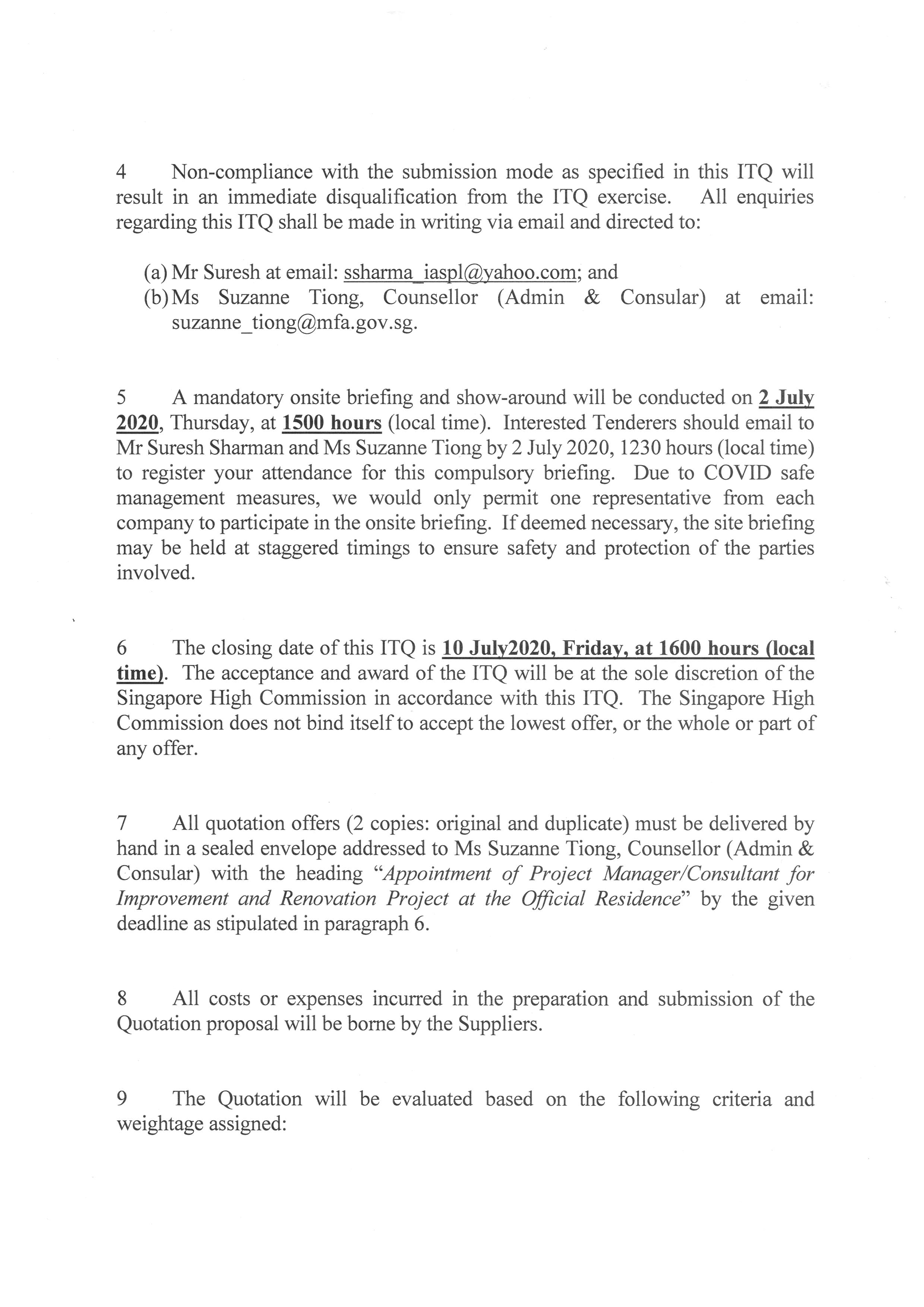 Text document with numbered paragraphs detailing ITQ instructions and deadlines.